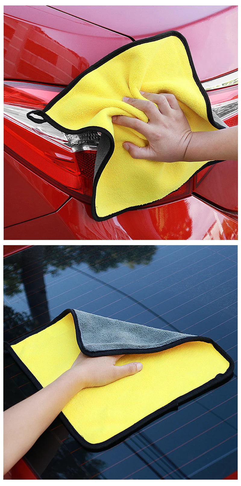 A hand is using a yellow microfiber car care towel to wipe a red car's exterior.