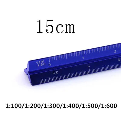 A blue aluminium triangular scale ruler marked in centimeters and various scales.