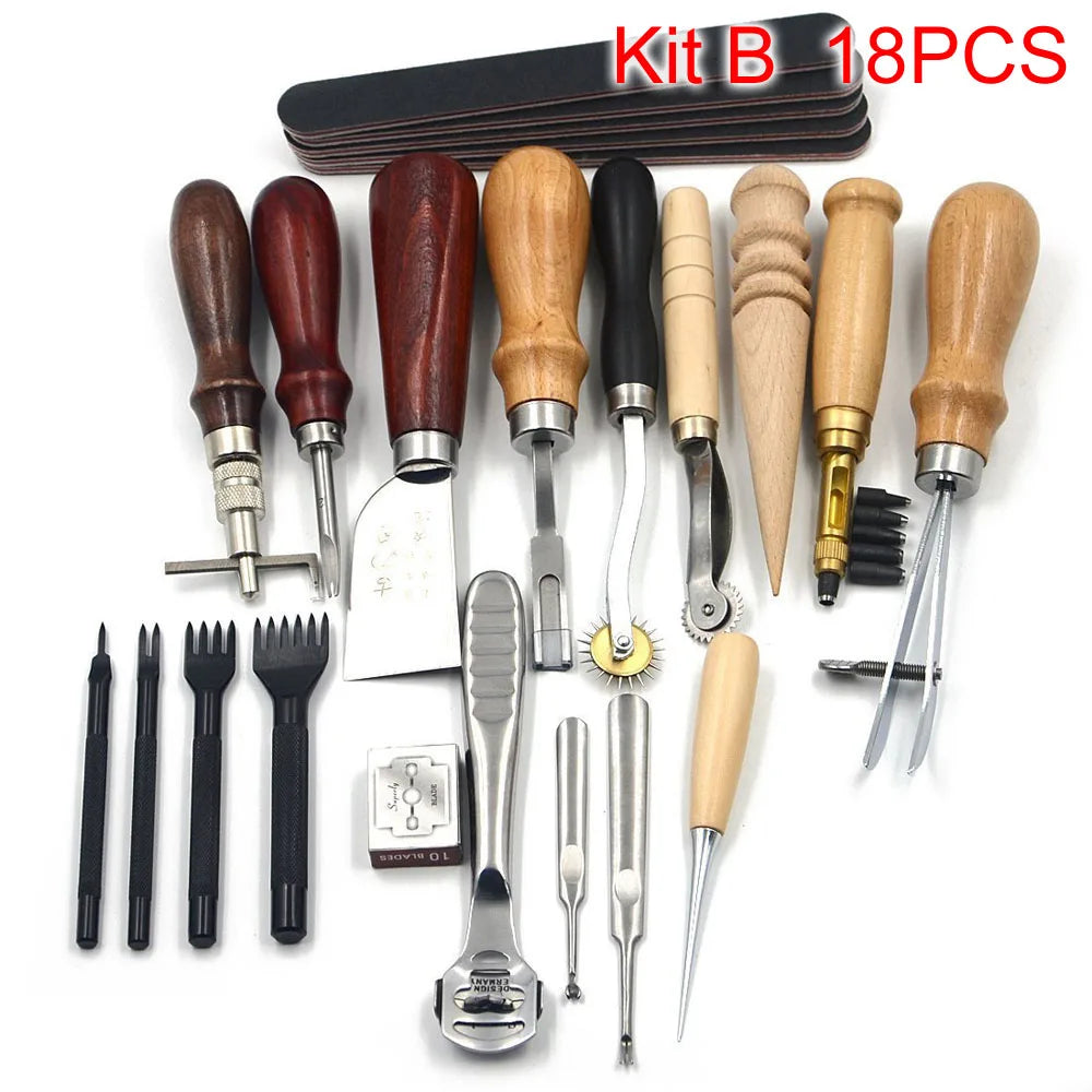 Kit B 18PCS professional leather craft tool kit including various stitching and grooving tools