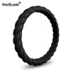A close-up view of a black braided silicone ring.