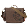 A brown canvas messenger bag with leather straps and multiple pockets.