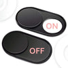 A pair of black magnetic webcam covers showing ON and OFF settings.