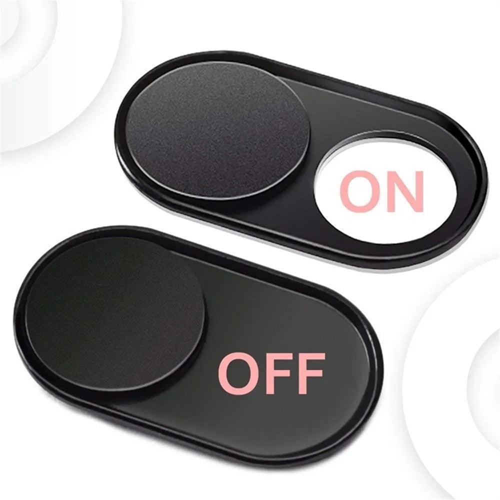 A pair of black magnetic webcam covers showing ON and OFF settings.