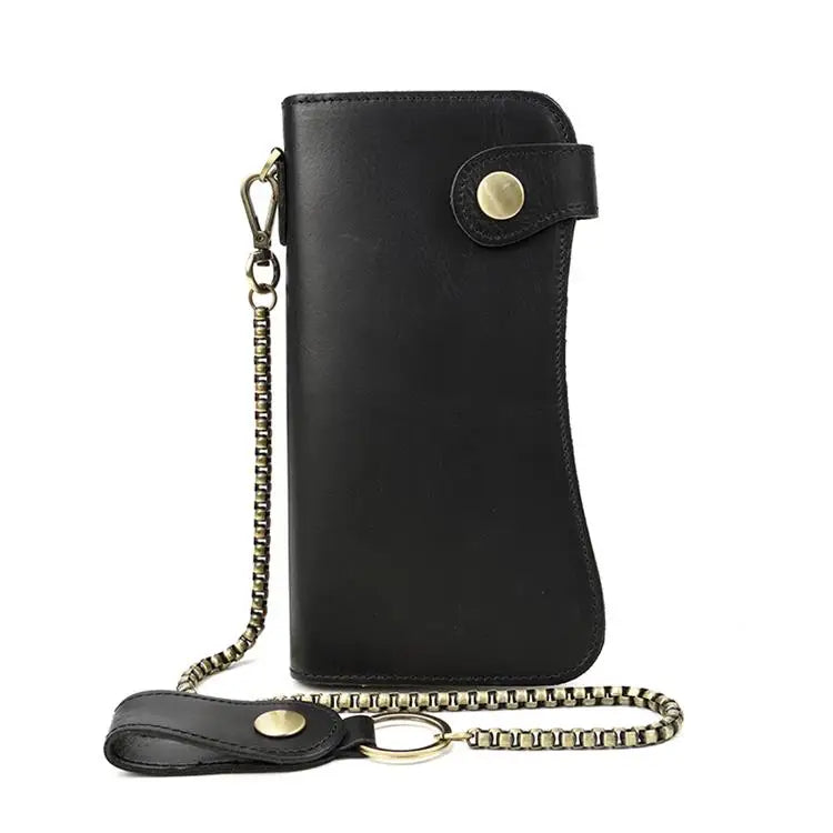 Vintage Leather Bifold Wallet with Metal Chain