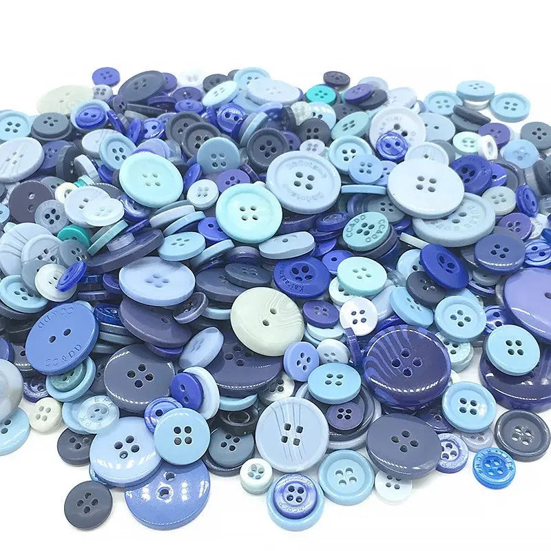 A large assortment of small, round wooden buttons in various shades of blue and purple for sewing and crafts.