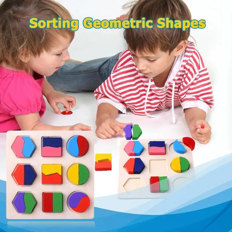 Two children are sorting wooden geometric shapes into corresponding holes on a puzzle board.