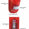 A red solar-powered motion sensor alarm device with a waterproof case, LED lights, and a power button.