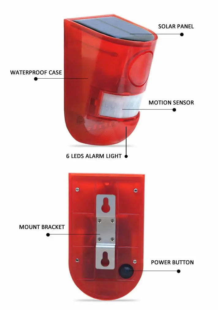 A red solar-powered motion sensor alarm device with a waterproof case, LED lights, and a power button.