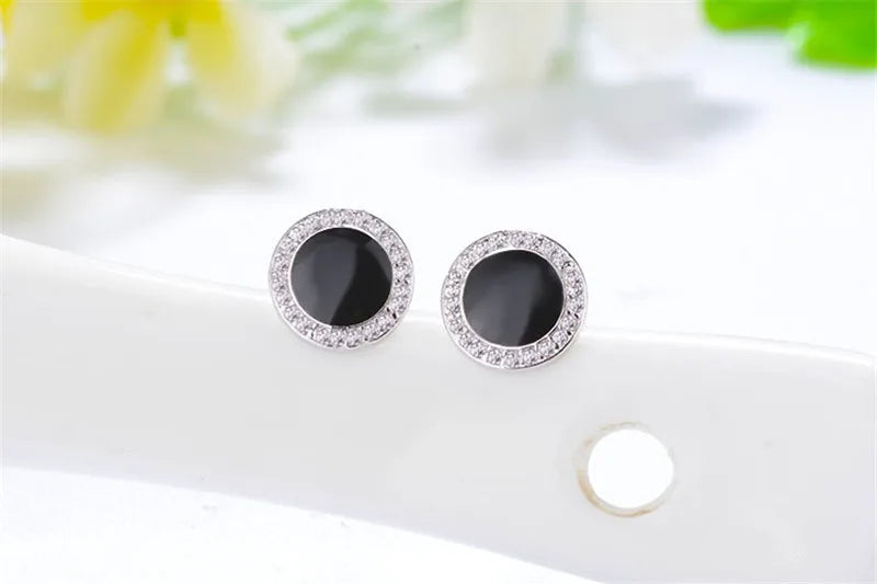 Sterling Silver Round Black Zircon Stud Earrings