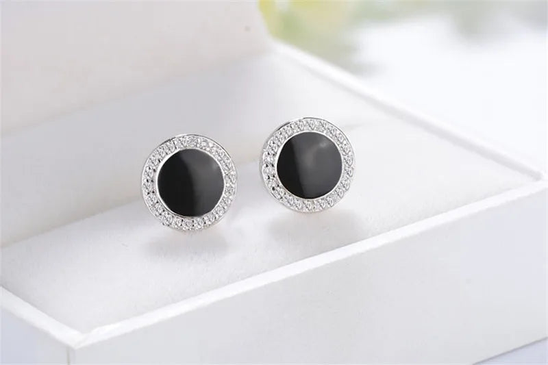Sterling Silver Round Black Zircon Stud Earrings