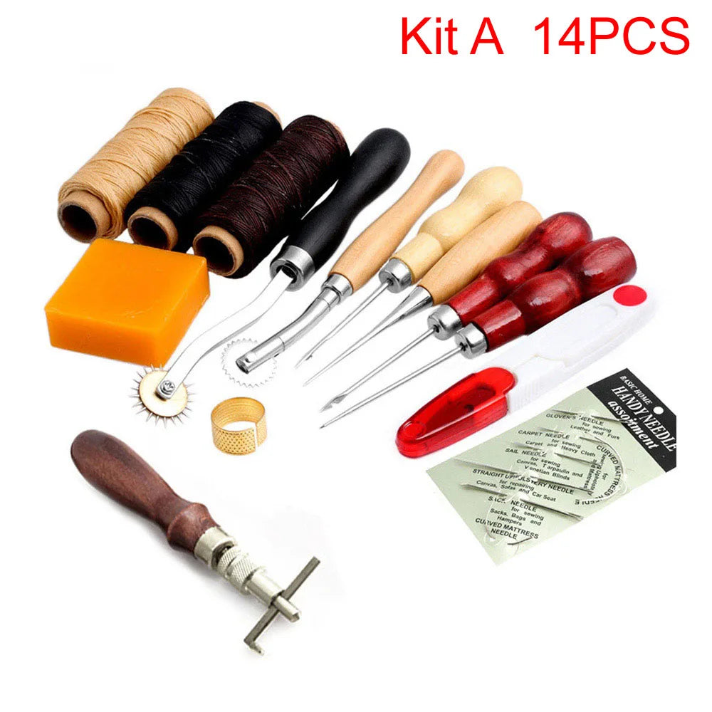 Kit A 14PCS professional leather craft tool kit with stitching and grooving set including various needles and tools