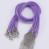 Purple adjustable leather cord necklace with silver clasps and a mesh extender.