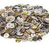 A close-up view of an assortment of eco-friendly wooden buttons in various sizes and finishes for sewing and crafts.