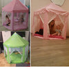Three images of a pink and lime green foldable princess tipi play tent for children.