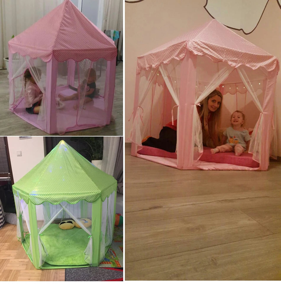 Three images of a pink and lime green foldable princess tipi play tent for children.