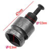 A black self-locking keyless drill chuck adaptor with a threaded shaft and a hexagonal opening.