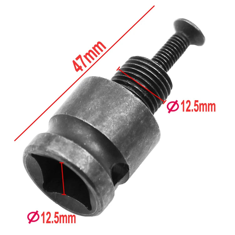 A black self-locking keyless drill chuck adaptor with a threaded shaft and a hexagonal opening.