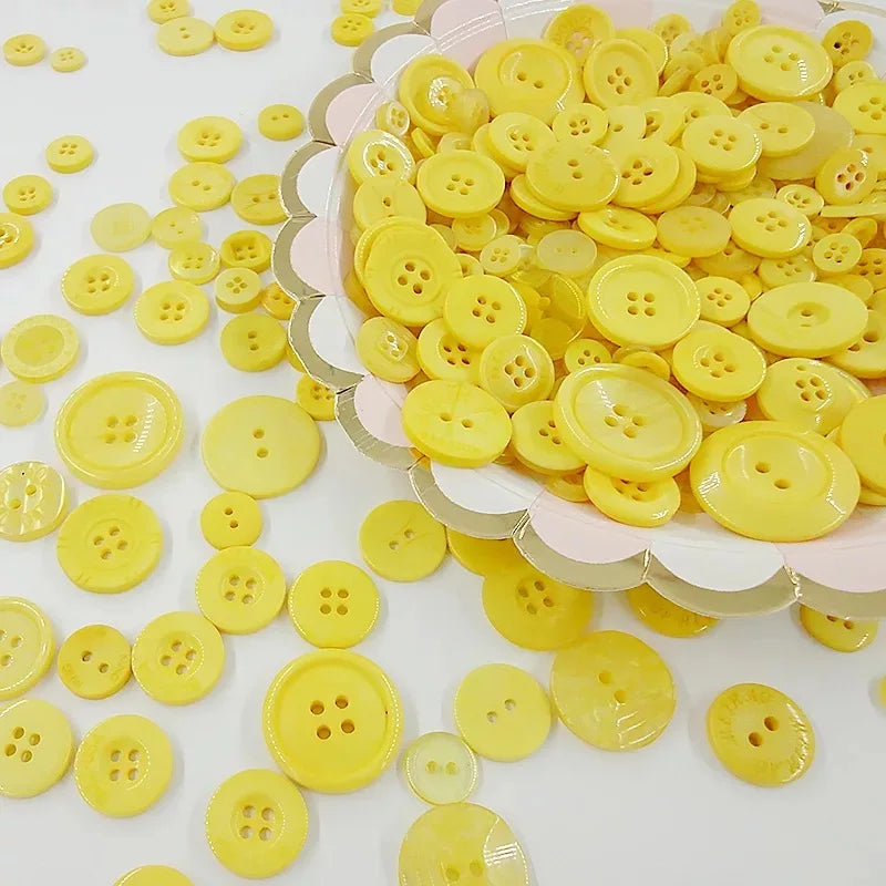 A close-up view of a large assortment of yellow wooden buttons for sewing and crafts.