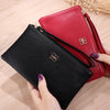 A black Litchi-Grain PU leather wallet is shown next to a red one, with gold logo details.