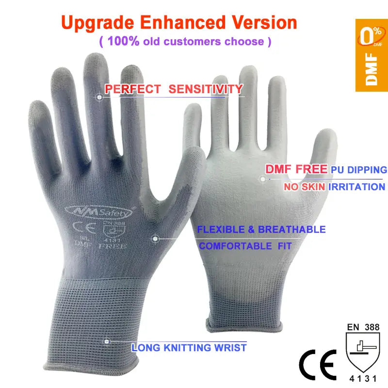 Gray work gloves showing a hand and a palm view, highlighting features like perfect sensitivity and durable construction.
