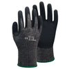 A pair of black cut-resistant work gloves with a textured grip and green cuff.