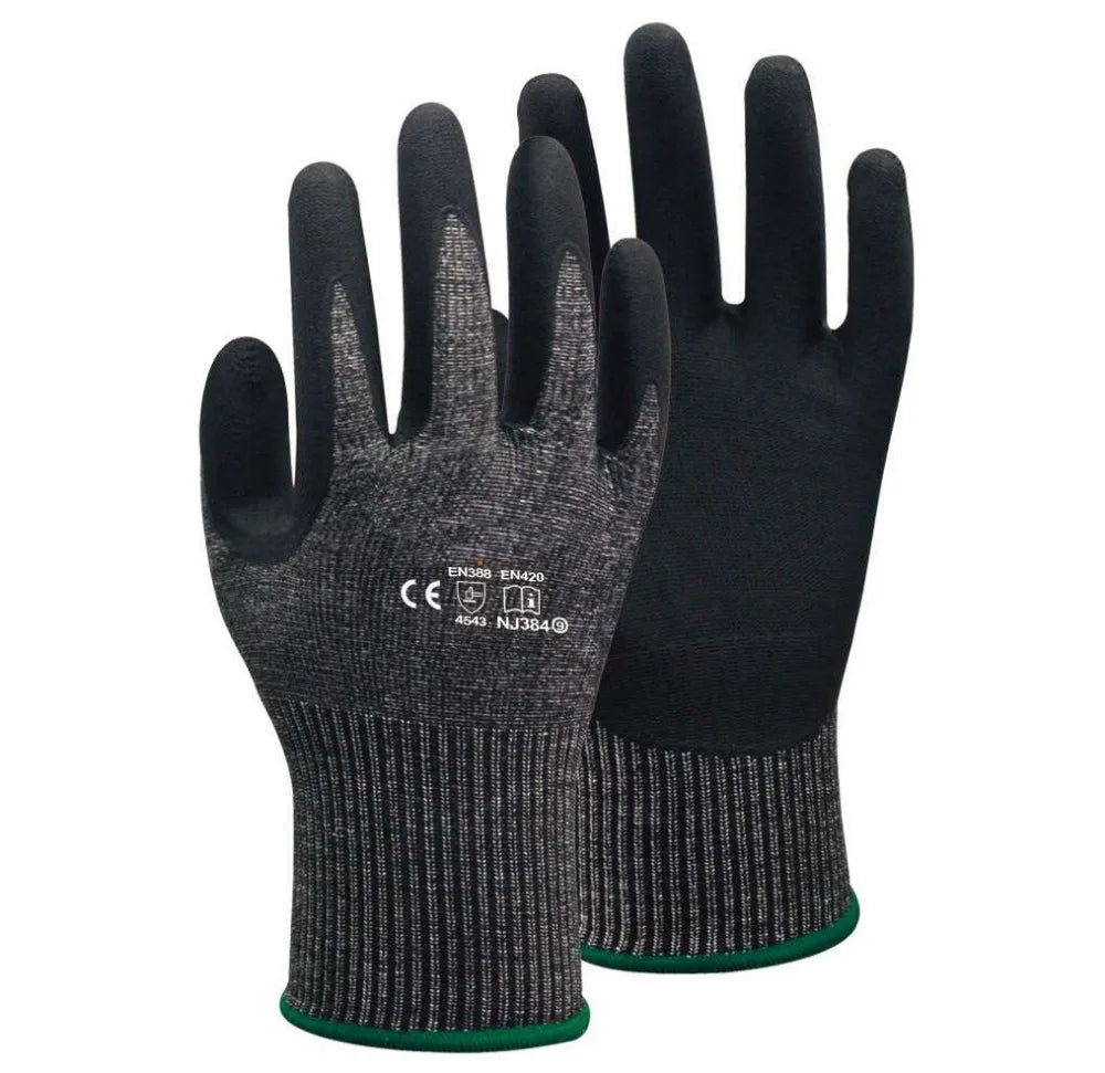 A pair of black cut-resistant work gloves with a textured grip and green cuff.