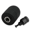 Black self-locking keyless drill chuck adaptor with a threaded shaft.
