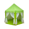 A bright lime green foldable princess tipi play tent with white fabric draping and scalloped trim.