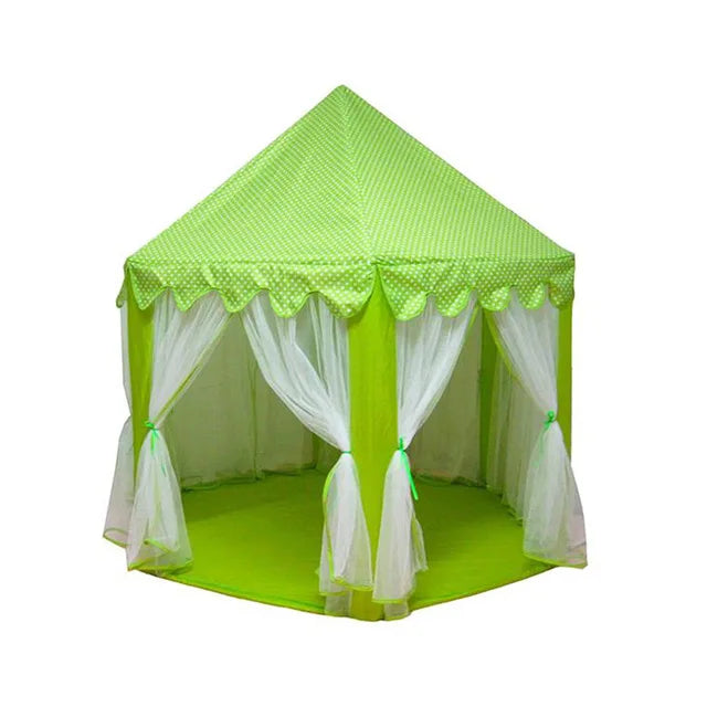 A bright lime green foldable princess tipi play tent with white fabric draping and scalloped trim.