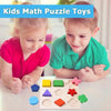 Two children are playing with a wooden geometric shape sorting puzzle on a white table.