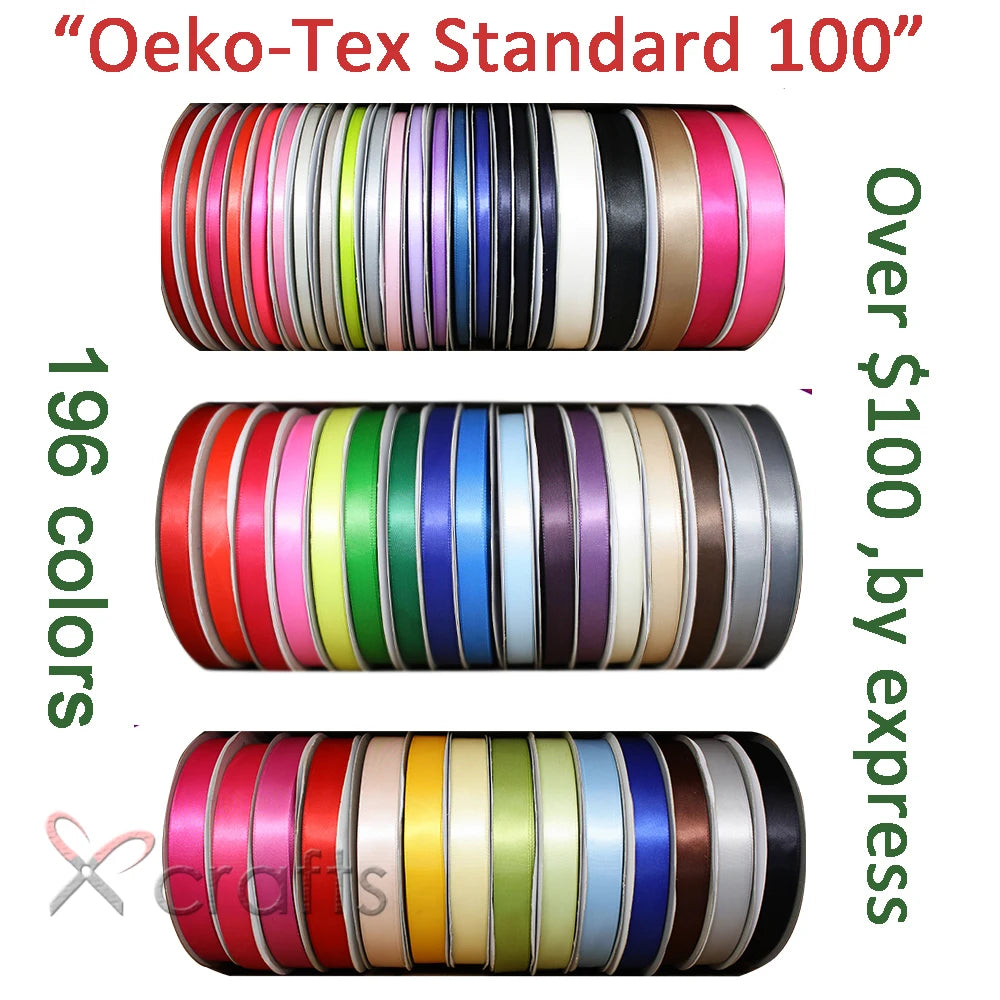 Rolls of 196 colors of Oeko-Tex Standard 100 double-faced satin ribbon for crafting