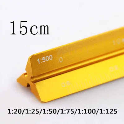 A yellow aluminium triangular scale ruler showing markings up to 15cm.