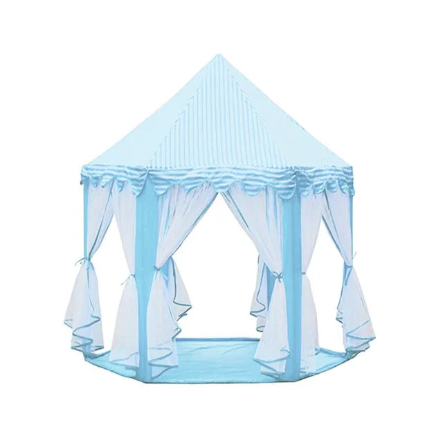 Light blue foldable princess tipi play tent with sheer fabric draping