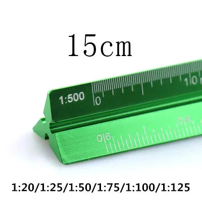 A green aluminium triangular scale ruler marked with measurements up to 15cm and various ratios.