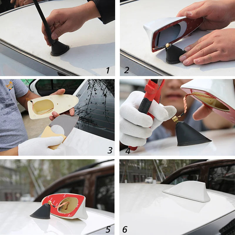Six images showing the installation and use of a universal car shark fin antenna cover for FM/AM signal enhancement on a vehi
