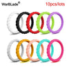 A collection of ten braided silicone rings in various colors and sizes displayed for sale.