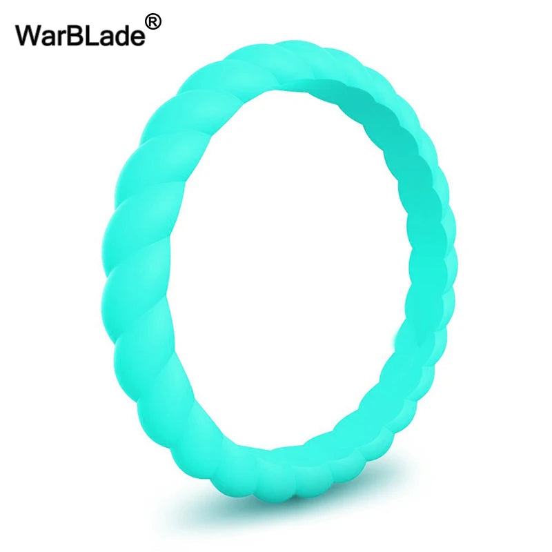 A close-up view of a bright cyan braided silicone ring.
