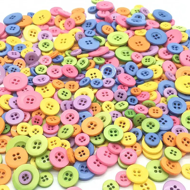 A large assortment of colorful wooden buttons in various sizes and shades for sewing and crafts