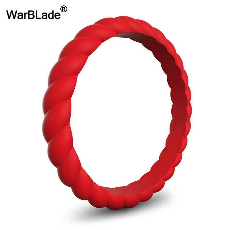 A close-up view of a red braided silicone ring.