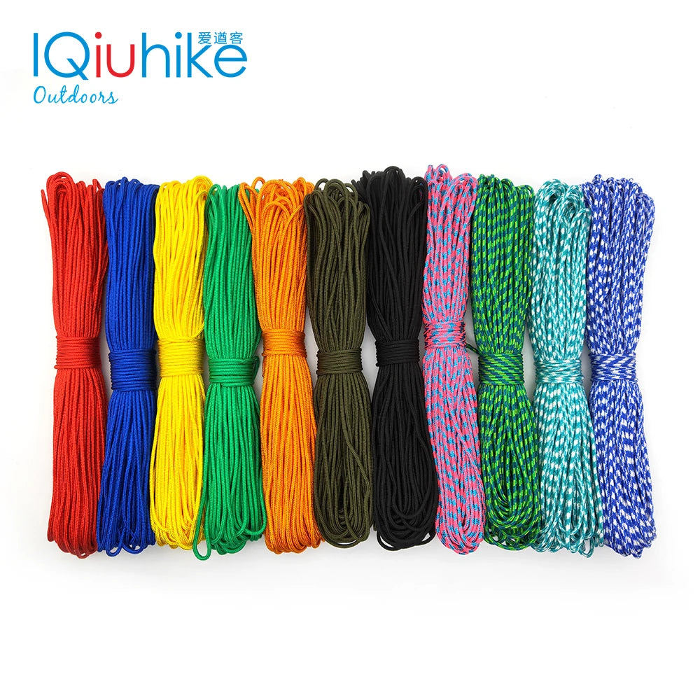 A collection of multi-colored 2mm paracord ropes in various bright colors, including red, yellow, green, orange, black, and b