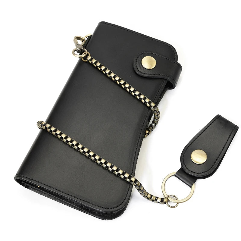 Vintage Leather Bifold Wallet with Metal Chain