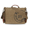 A tan canvas messenger bag with leather trim and multiple pockets shown from the top.