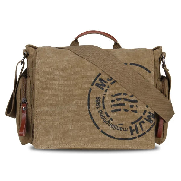 A tan canvas messenger bag with leather trim and multiple pockets shown from the top.
