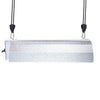 A silver heavy-duty adjustable rope clip hanger with a textured surface is shown hanging from a cord.