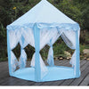 Light blue foldable princess tipi play tent with sheer fabric draping set up outdoors