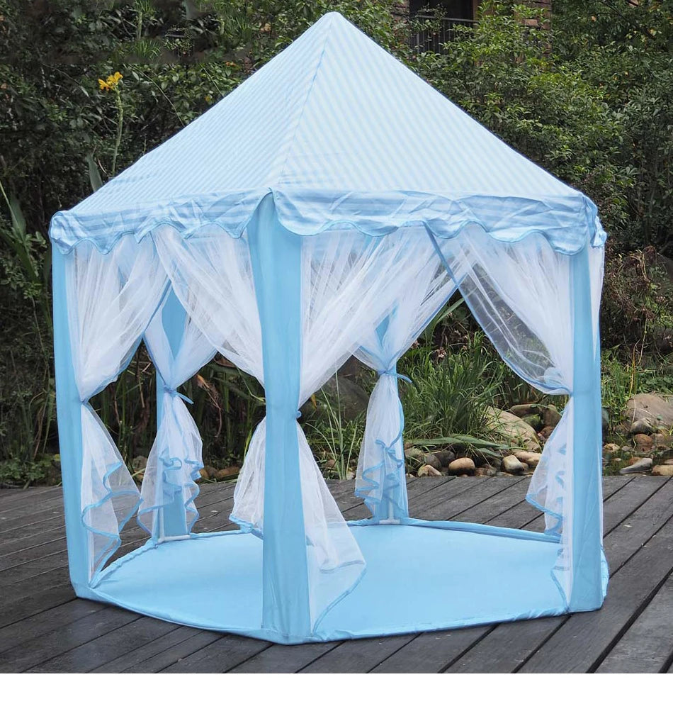 Light blue foldable princess tipi play tent with sheer fabric draping set up outdoors
