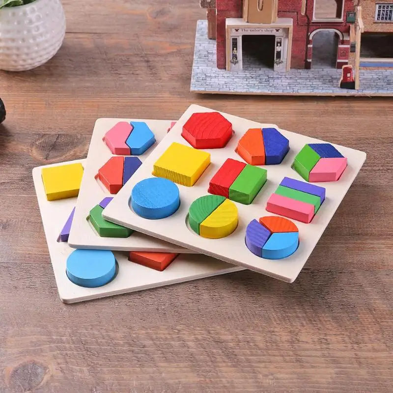 A wooden geometric shape sorting puzzle with colorful blocks laid out on a wooden table.
