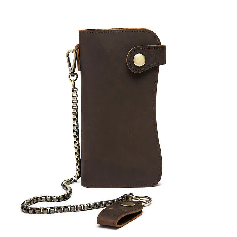 Vintage Leather Bifold Wallet with Metal Chain