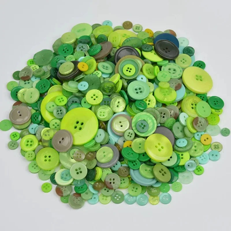 A pile of assorted eco-friendly wooden buttons in various shades of green, yellow, and blue.