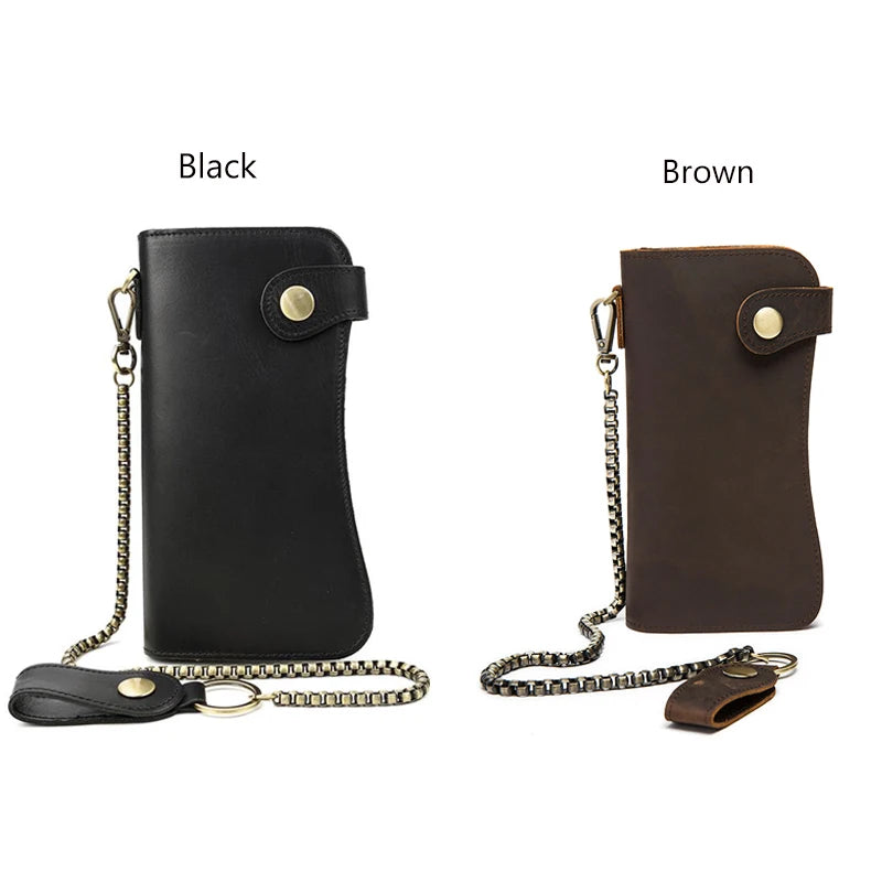 Vintage Leather Bifold Wallet with Metal Chain